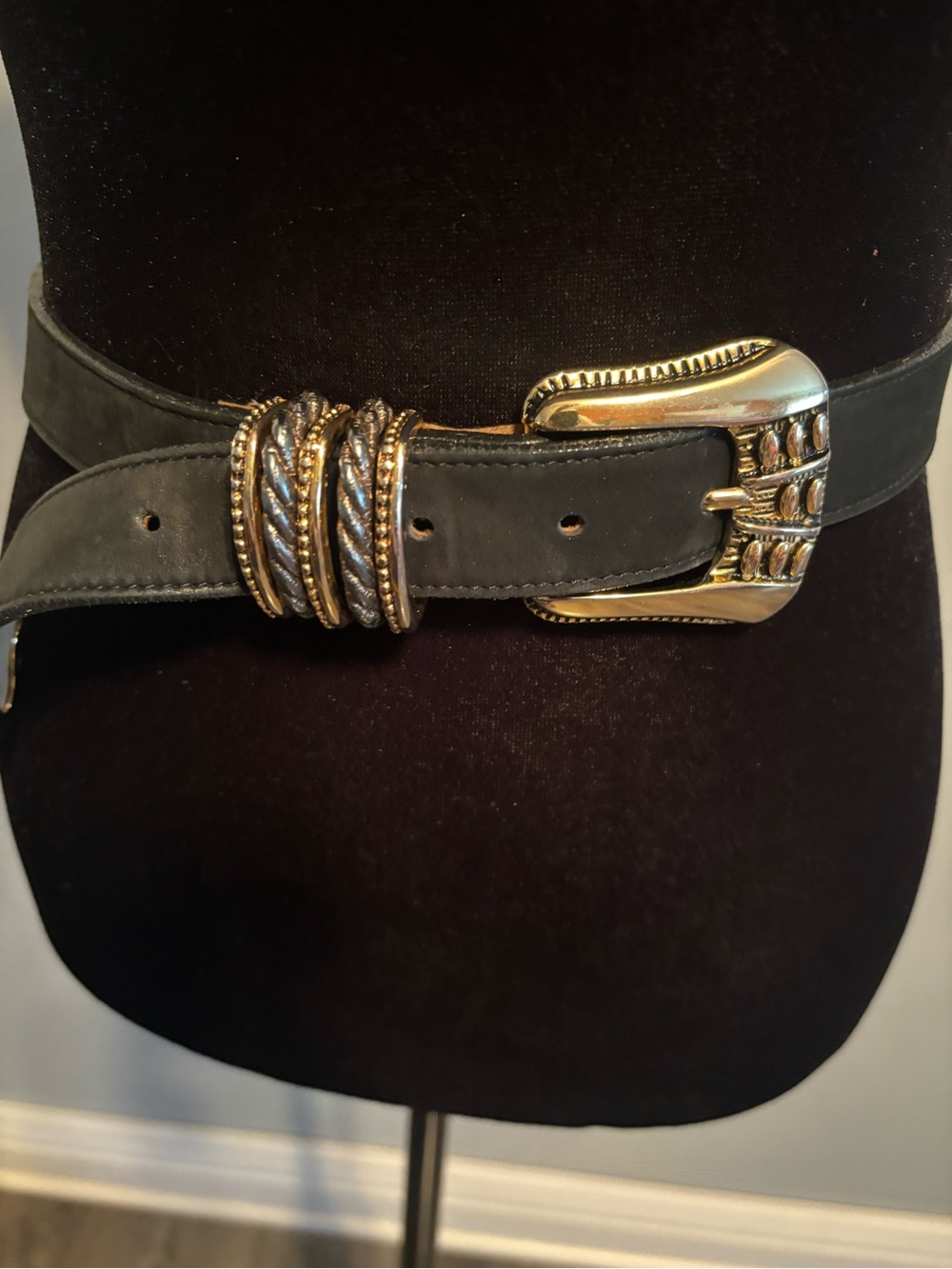 Streets Ahead Vintage Black Leather Belt with Gold Buckle & Pewter Braided Rings